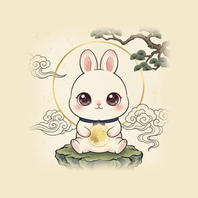 달 구슬을 안고 바위에 앉은 사서 토끼 달서생